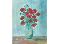 Big old copyright oil. painting "Vase of Poppies" REDUCED