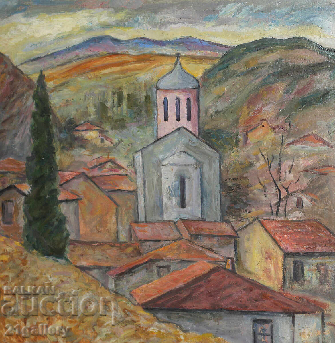 Αστικό τοπίο με εκκλησία, λαδομπογιές με τιμή 450.00 BGN | € 230.08