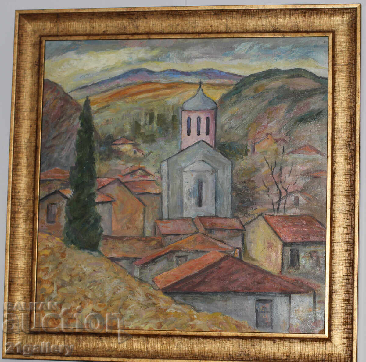 Δημοπρασία Αστικό τοπίο με εκκλησία, λαδομπογιές