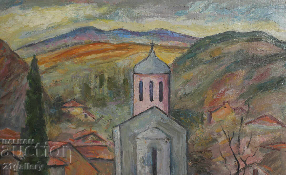 Παράδοση Αστικό τοπίο με εκκλησία, λαδομπογιές