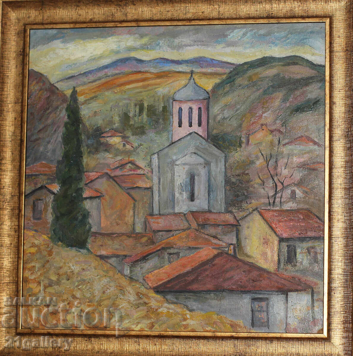 Αστικό τοπίο με εκκλησία, λαδομπογιές