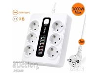 Priză multiplă 6 prize, 5 conector USB+1 C, 220V, 3000W,