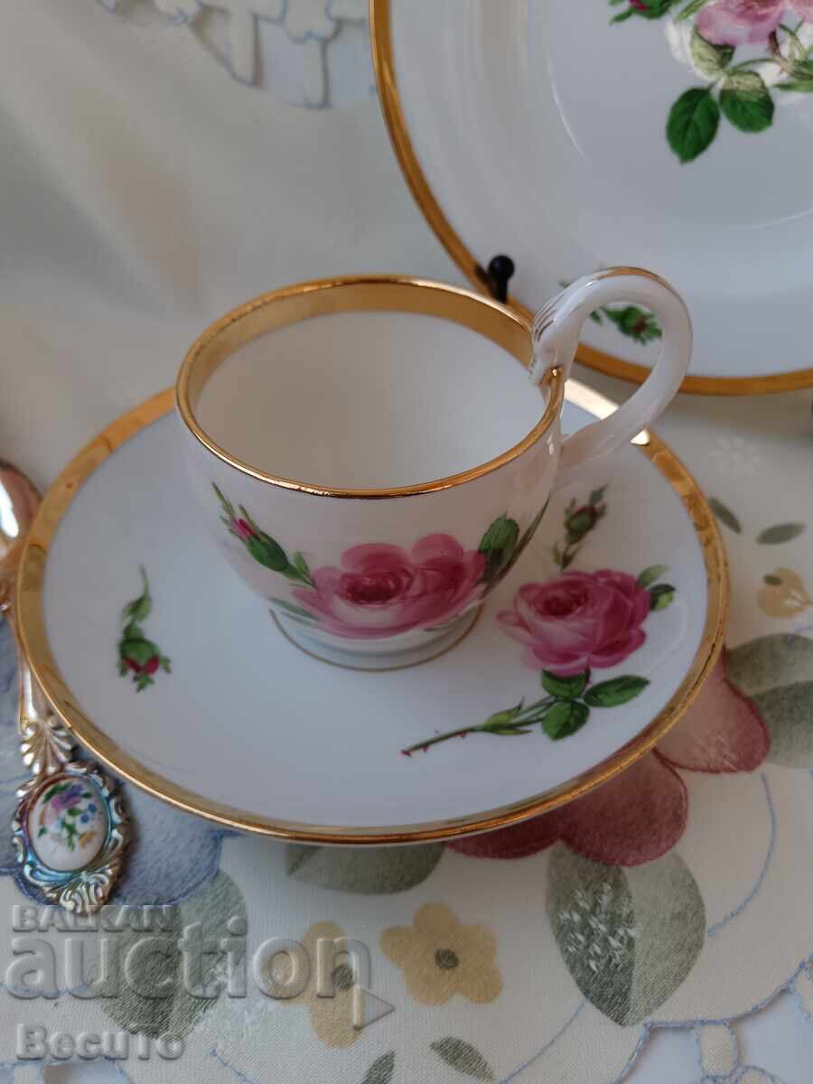 Meissen, triple coffee+dessert set, rose and swan neck decor with price 270.00 BGN | € 138.05 Meissen, triple coffee+dessert set, rose and swan neck decor with price 270.00 BGN | € 138.05