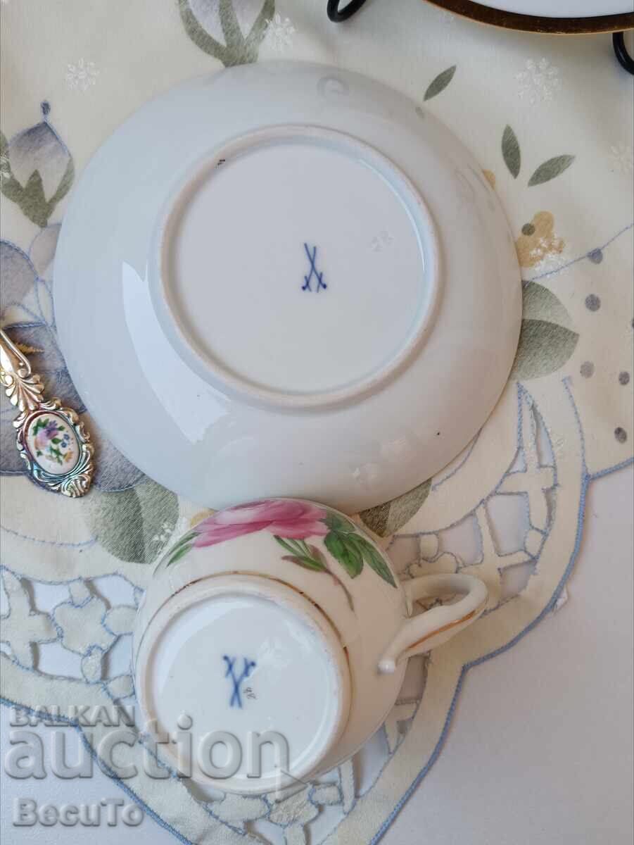 Meissen, triple coffee+dessert set, rose and swan neck decor - 5 Meissen, triple coffee+dessert set, rose and swan neck decor - 5