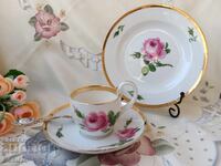 Meissen, triple coffee+dessert set, rose and swan neck decor