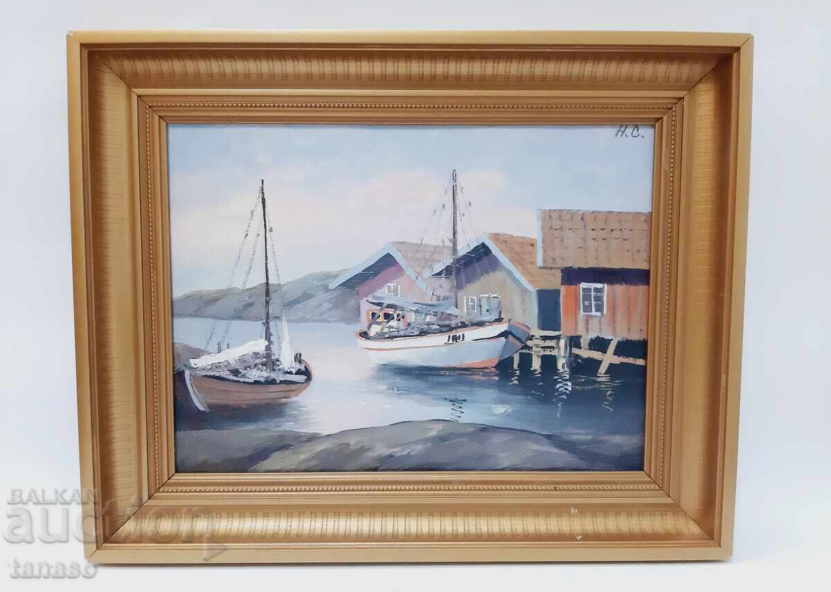 Original oil painting Fish Village signed H.C Original oil painting Fish Village signed H.C