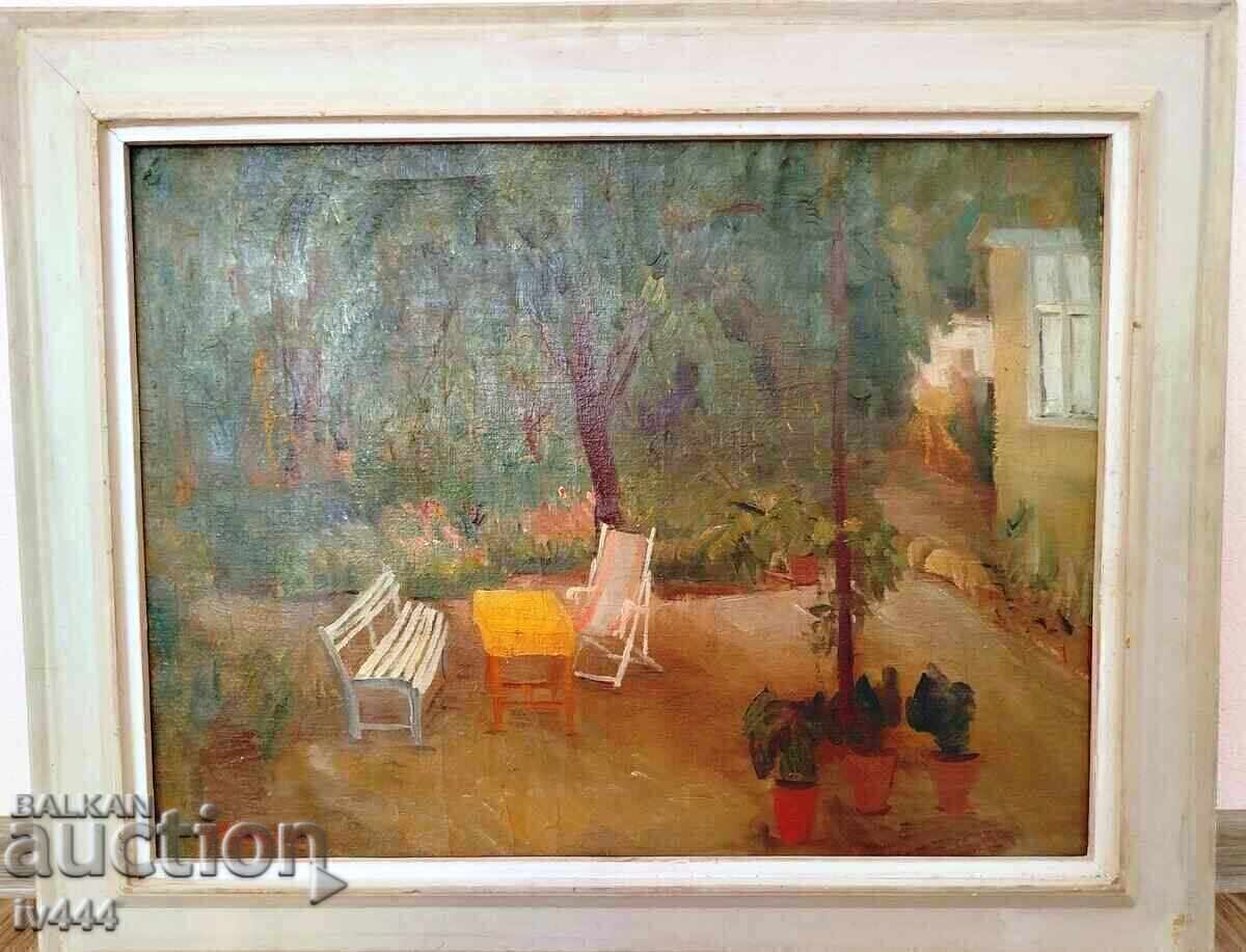 ПЕТКО АБАДЖИЕВ СТАРА БЪЛГАРСКА КАРТИНА - КЪЩА С ДВОР 1943