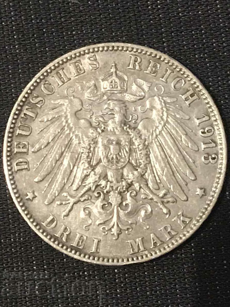 Germany 3 Marks 1913 Hamburg Silver with price 74.00 BGN | € 37.84