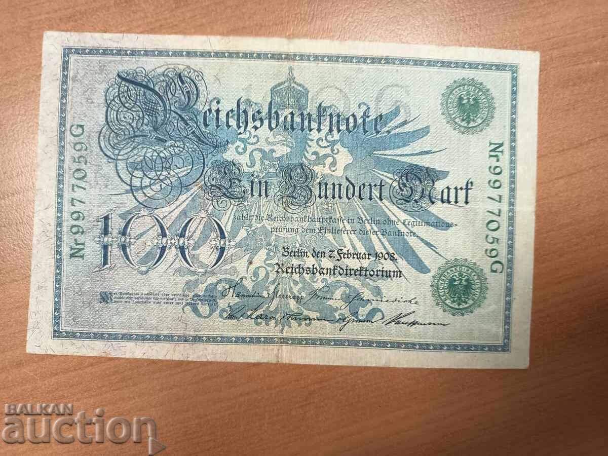 Licitație Germania 100 mărci din 1908 număr verde Licitație Germania 100 mărci din 1908 număr verde