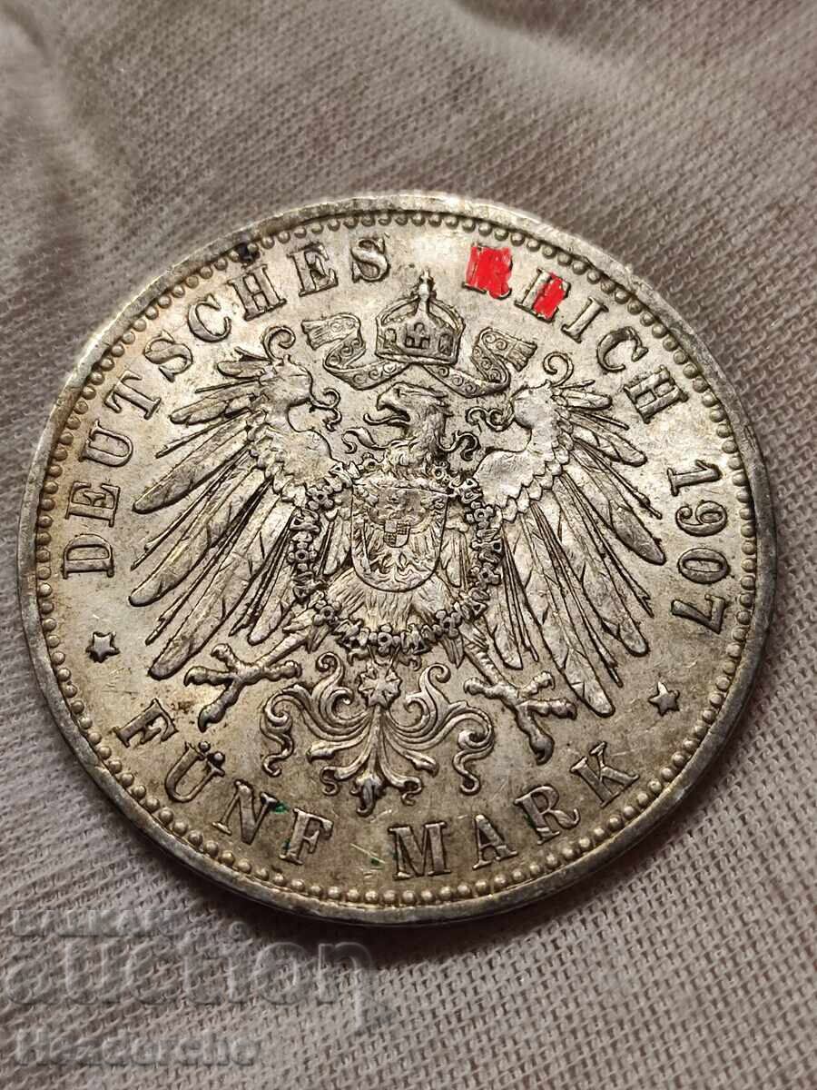5 marks 1907-A Germany (Prussia) with price 148.00 BGN | € 75.67