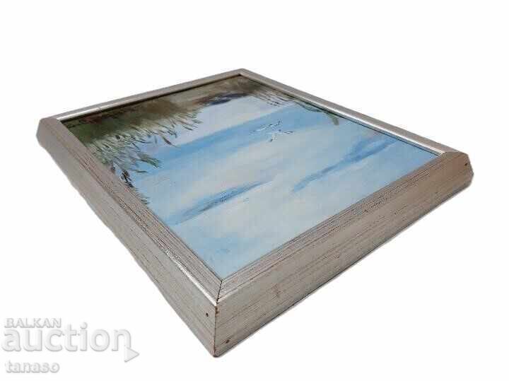 Auction  Original oil painting 1991, summer landscape with lake, birds