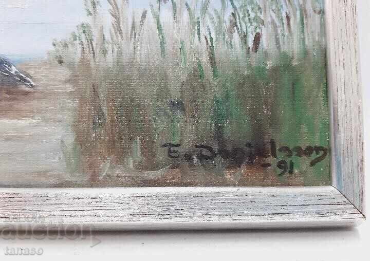 Original oil painting 1991, summer landscape with lake, birds - 5