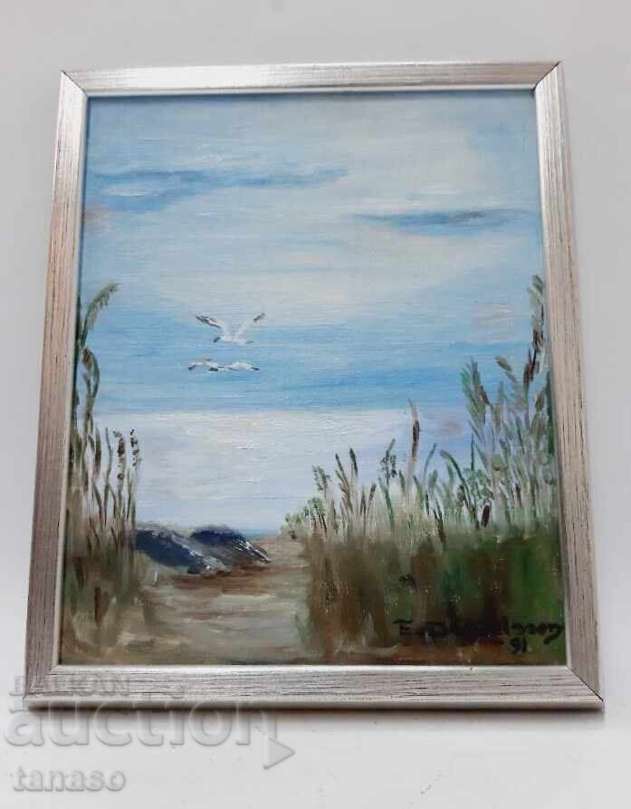 Original oil painting 1991, summer landscape with lake, birds - 6