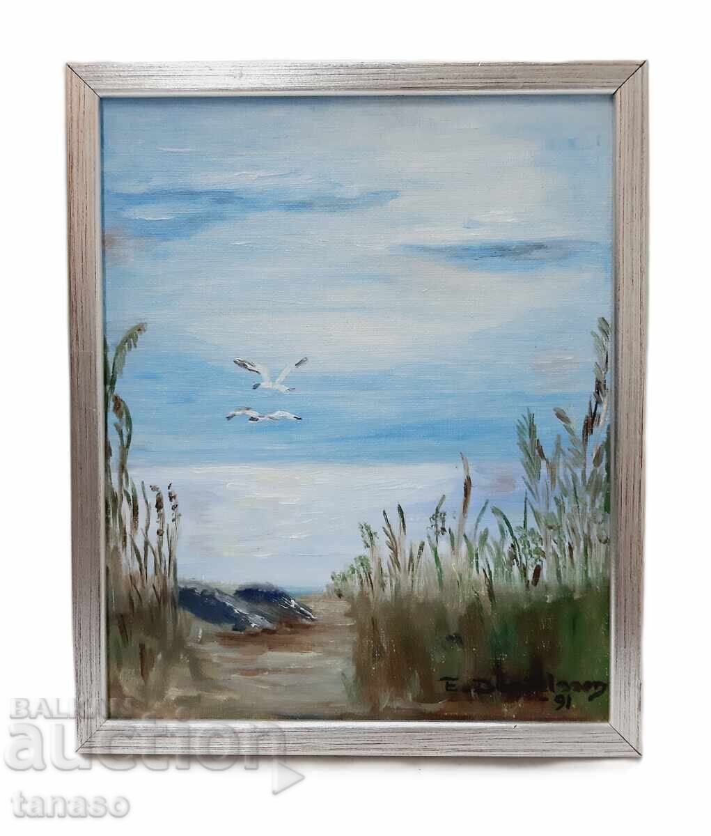 Original oil painting 1991, summer landscape with lake, birds