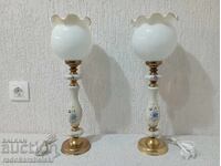 Set of two antique porcelain lamps with white glass shades