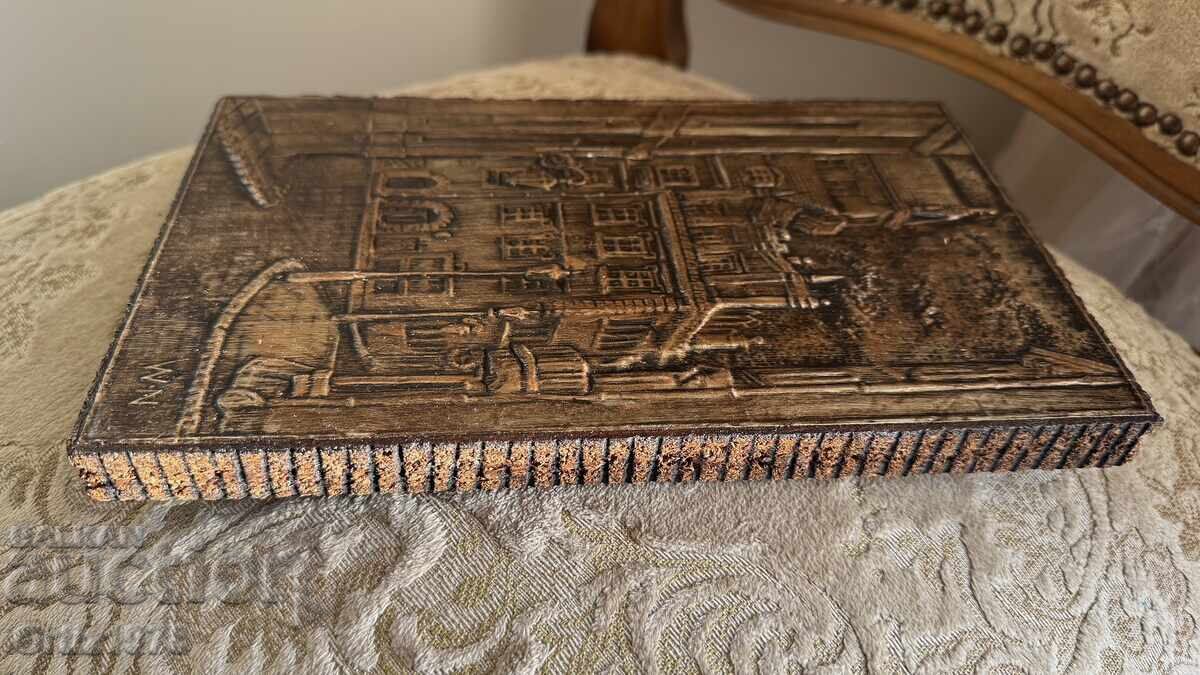 Vintage μεταλλικό γλυπτό σε χοντρή ξύλινη βάση – Πολωνία. - 6