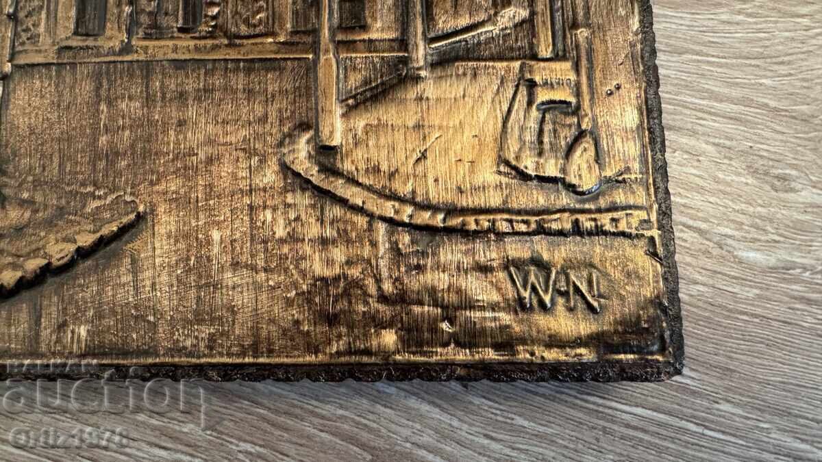 Vintage μεταλλικό γλυπτό σε χοντρή ξύλινη βάση – Πολωνία. - 7