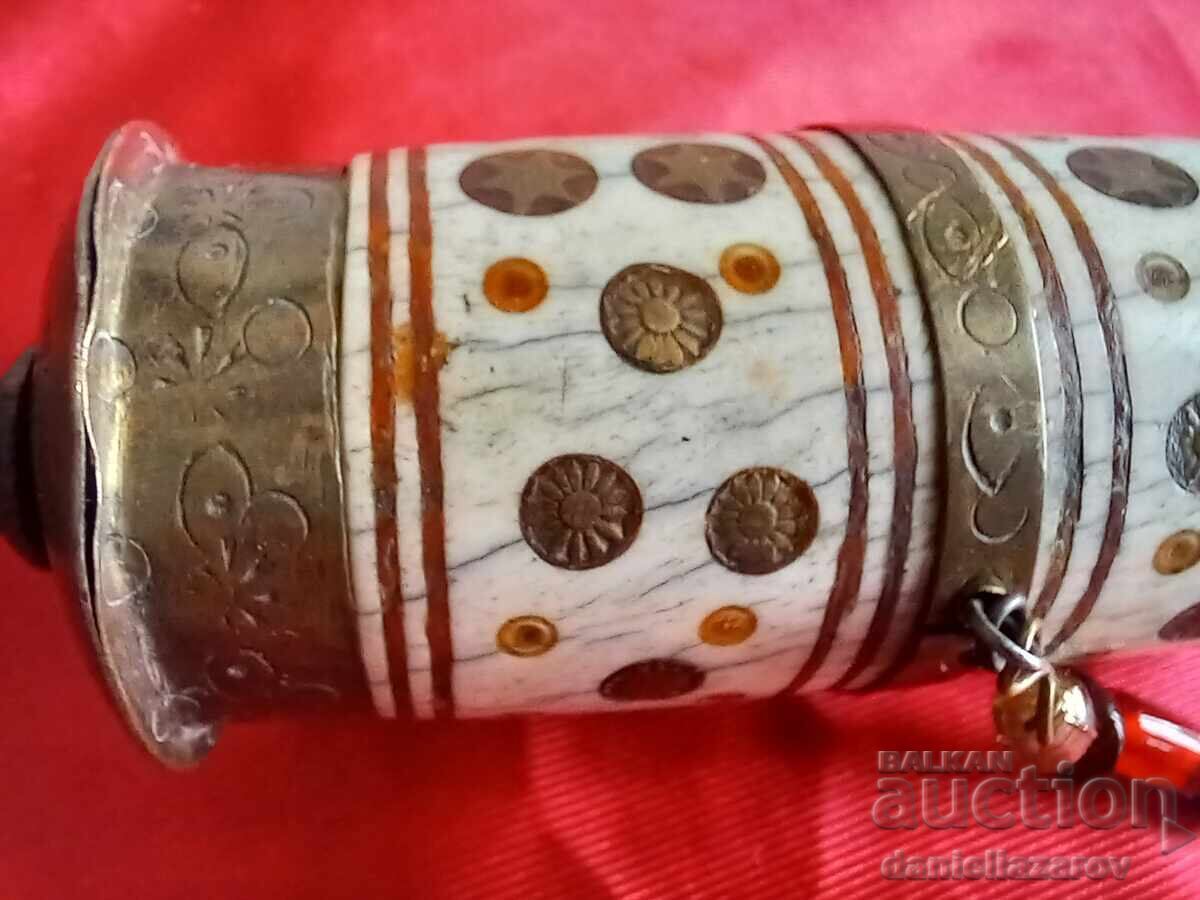 Roată antică de rugăciune budistă tibetană, alamă și os - 5