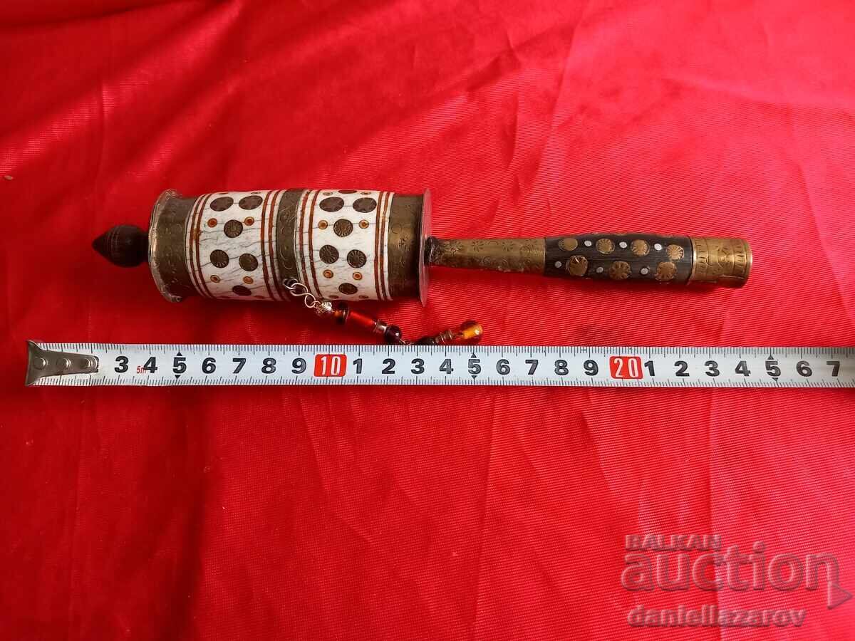 Roată antică de rugăciune budistă tibetană, alamă și os - 7