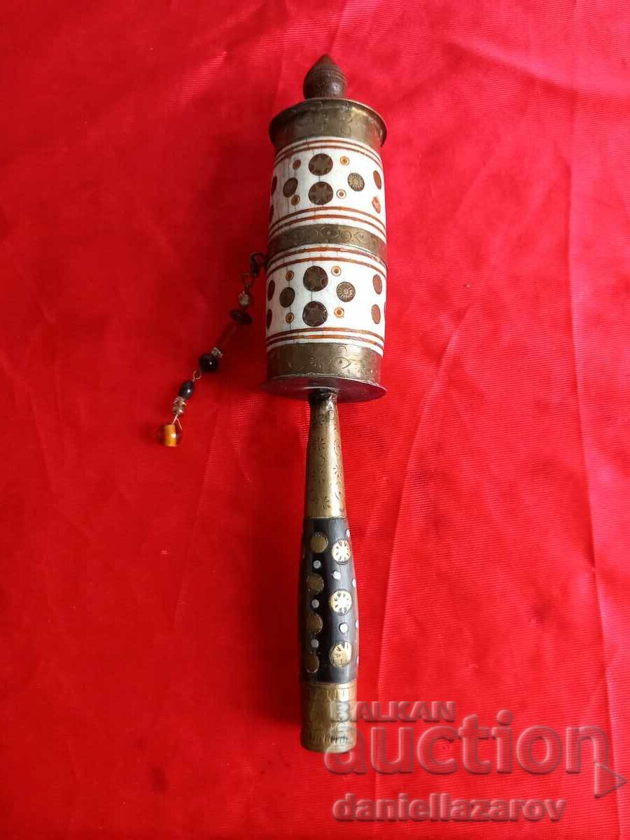 Roată antică de rugăciune budistă tibetană, alamă și os