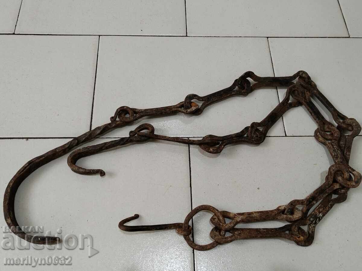 Δημοπρασία Παλιά αλυσίδα από σφυρήλατο σίδερο με γάντζο, αλυσίδα με γάντζο εστίας