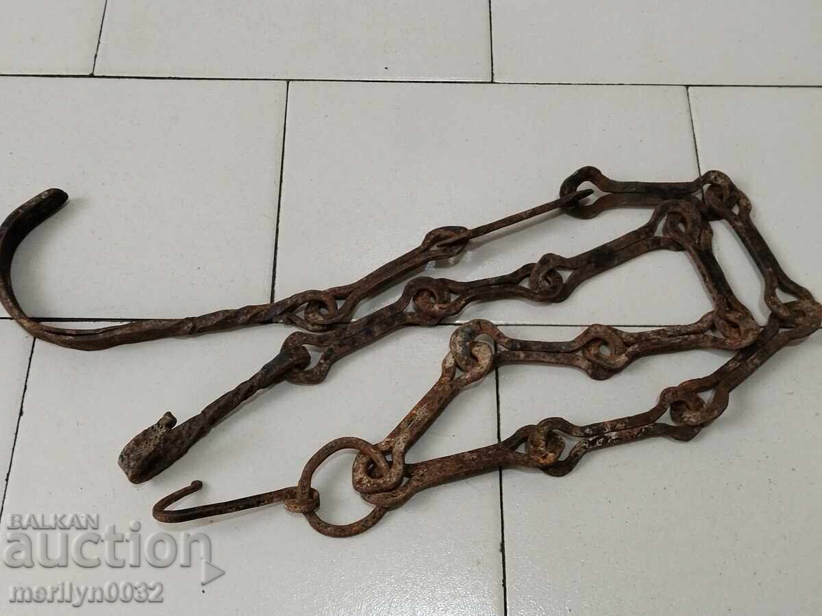 Παλιά αλυσίδα από σφυρήλατο σίδερο με γάντζο, αλυσίδα με γάντζο εστίας - 5