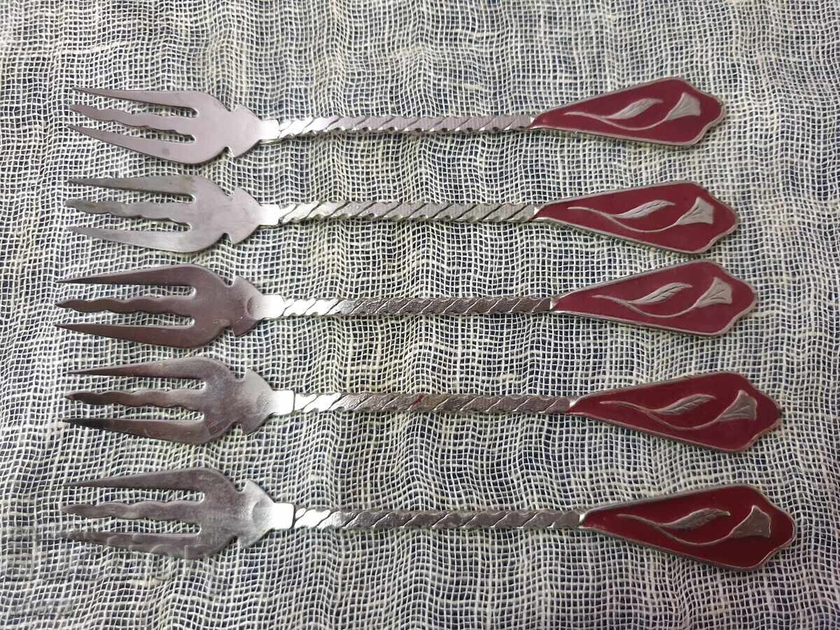 Auction  Set of forks and spoons with red enamel