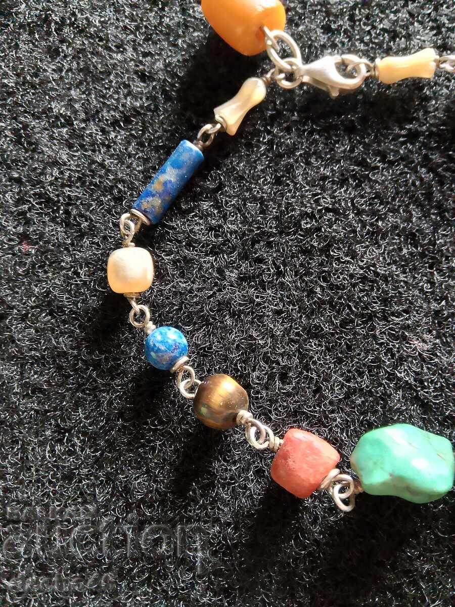 Auction Silver bracelet amber lapis lazuli coral turquoise mother of pearl tiger eye Auction Silver bracelet amber lapis lazuli coral turquoise mother of pearl tiger eye