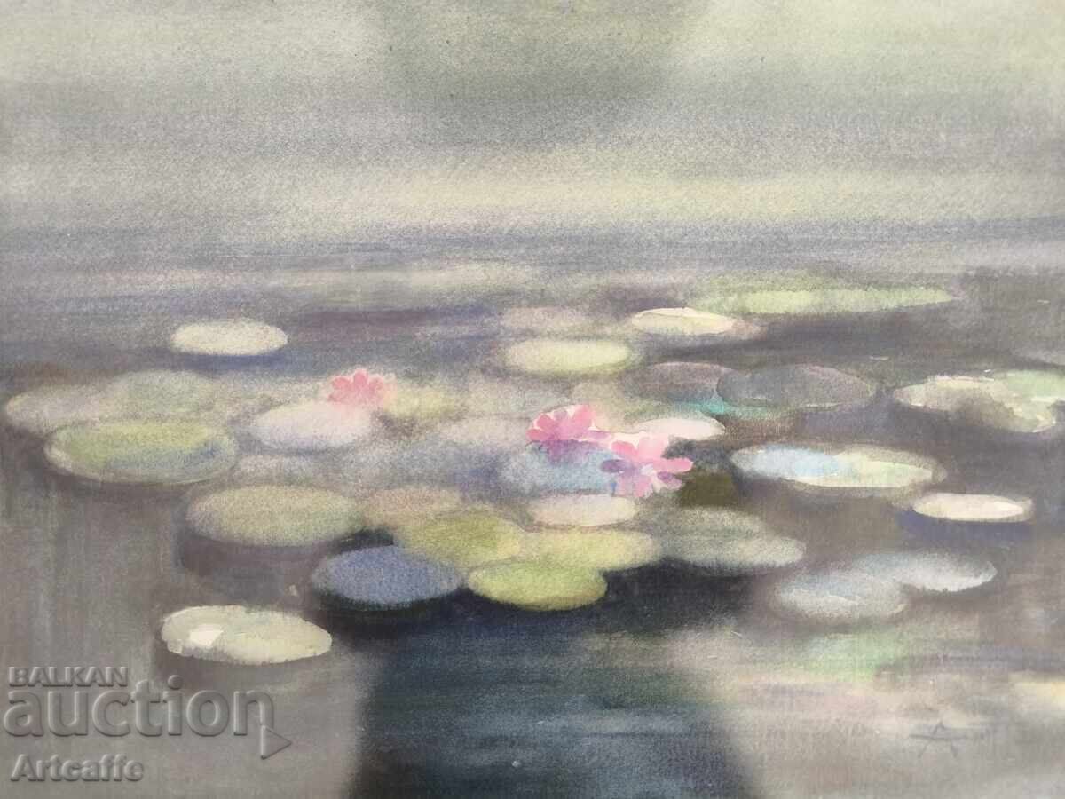 Auction Angel Pachamanov-Water lilies, watercolor, signed, frames Auction Angel Pachamanov-Water lilies, watercolor, signed, frames