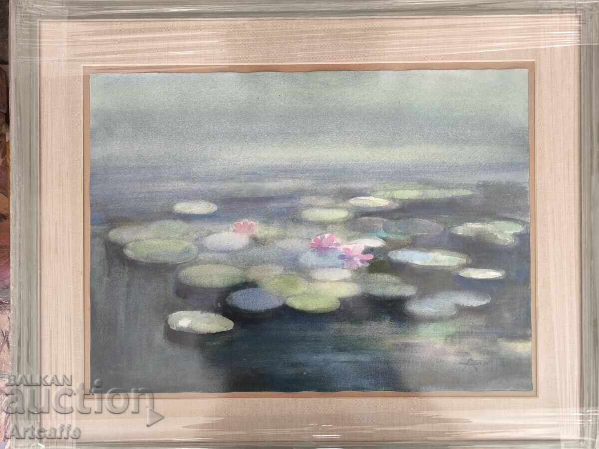 Angel Pachamanov-Water lilies, watercolor, signed, frames Angel Pachamanov-Water lilies, watercolor, signed, frames