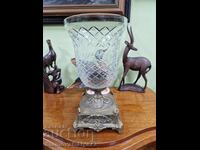 Unique large crystal bowl vase bronze base