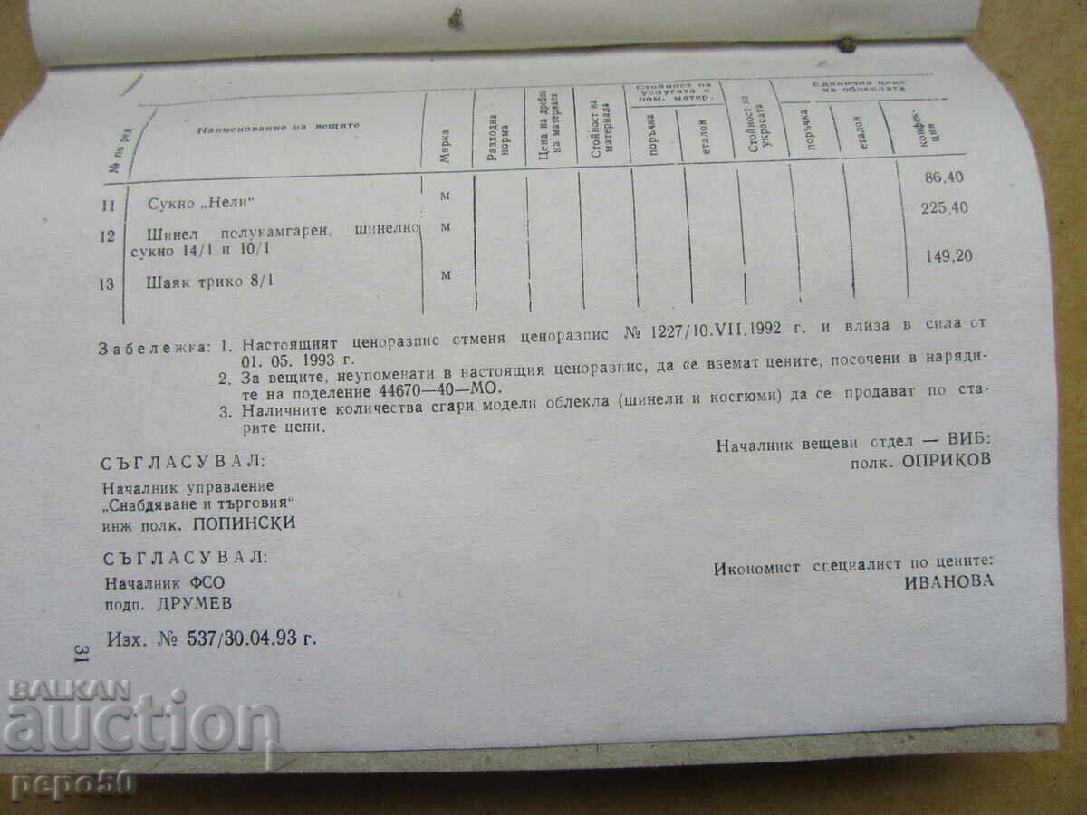 Доставка на ЦЕНОРАЗПИС НА УНИФОРМЕНОТО ОБЛЕКЛО В БА - 1993г.