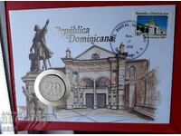 Republica Dominicană-1/2 peso 1987 și timbru poștal într-un plic frumos