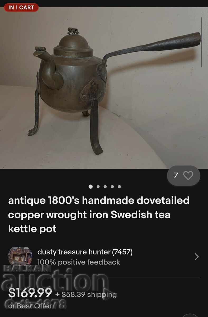 Delivery of Antique large copper kettle, marked, 1.4kg Delivery of Antique large copper kettle, marked, 1.4kg