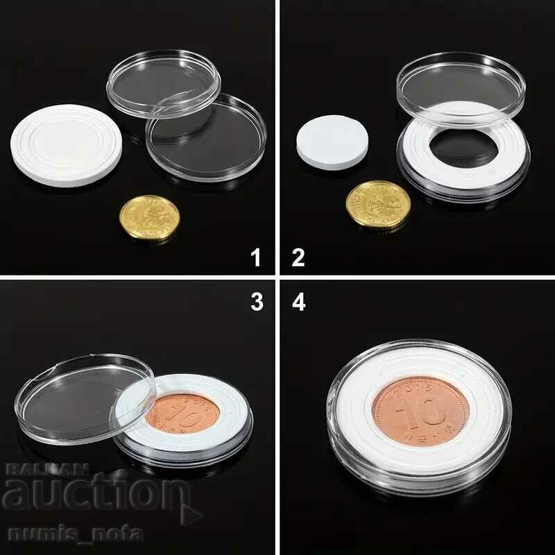 Box with 100 capsules for coins up to 30 mm - white regulators - 5 Box with 100 capsules for coins up to 30 mm - white regulators - 5