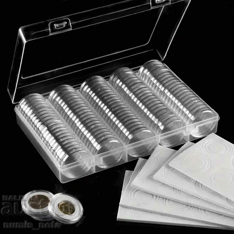 Box with 100 capsules for coins up to 30 mm - white regulators Box with 100 capsules for coins up to 30 mm - white regulators