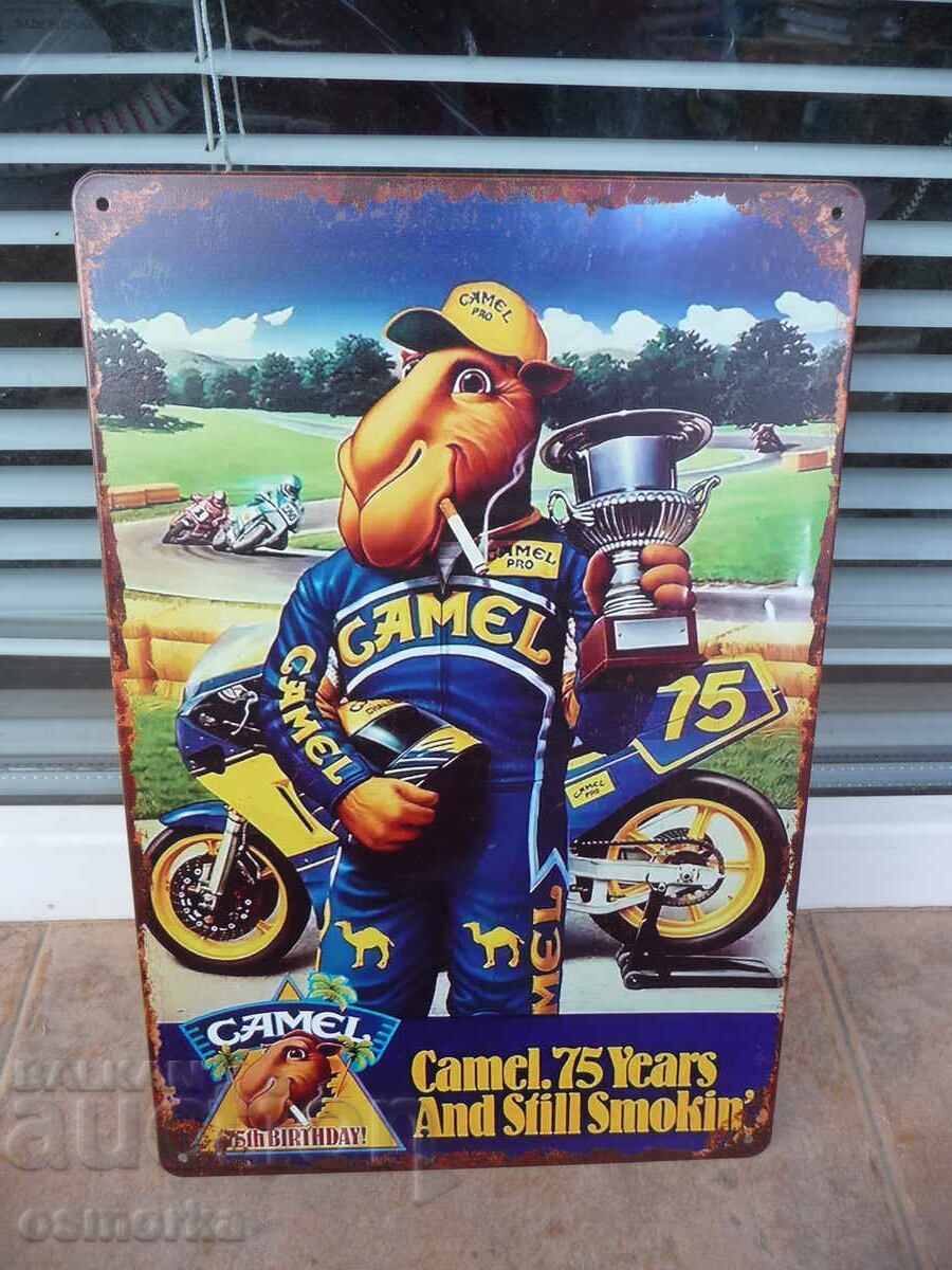 Metal sign Camel cigarettes advertising motorbike race cup awards Metal sign Camel cigarettes advertising motorbike race cup awards