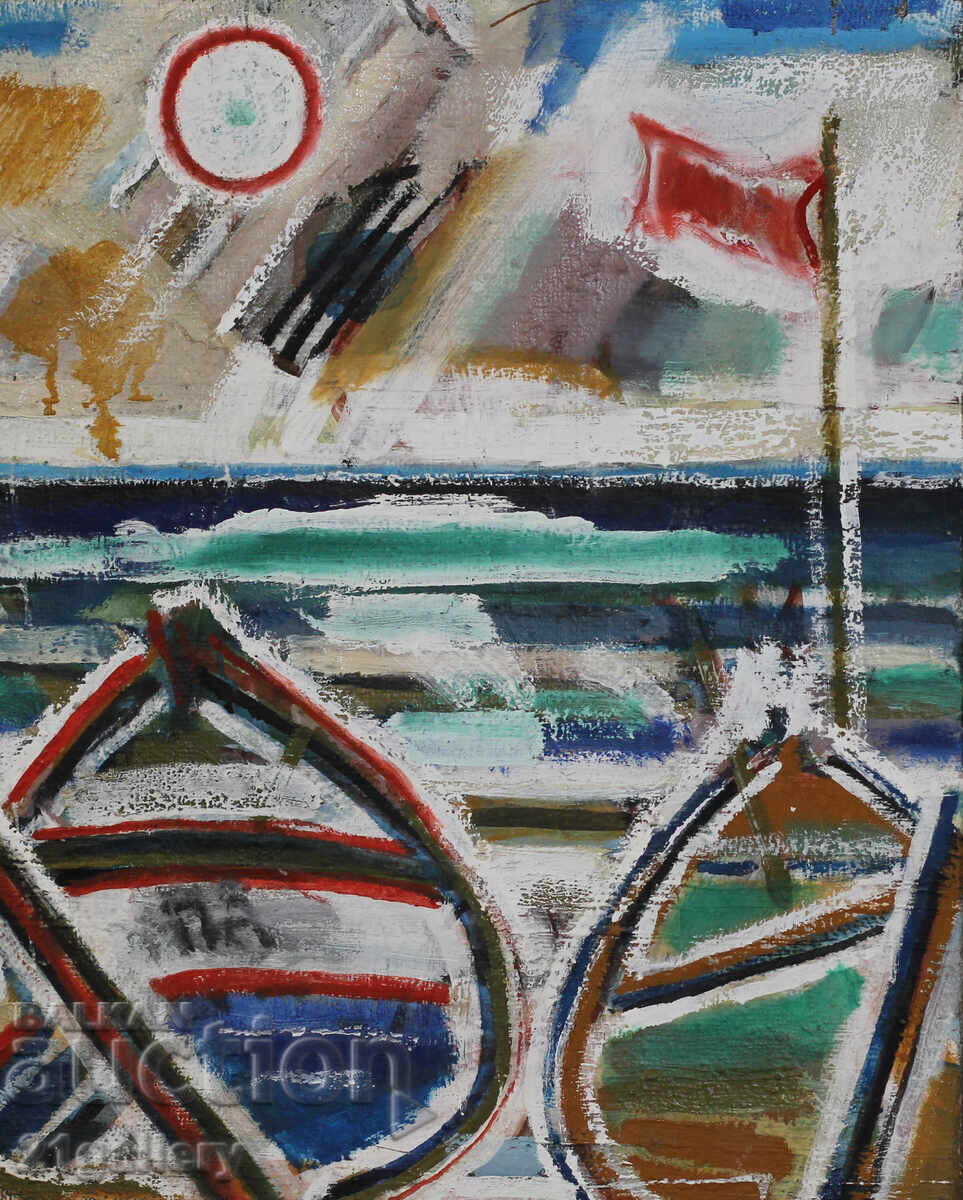 Панайот Апостолов маслени бои, пейзаж с лодки с цена 400.00 лв. | € 204.52 Панайот Апостолов маслени бои, пейзаж с лодки с цена 400.00 лв. | € 204.52