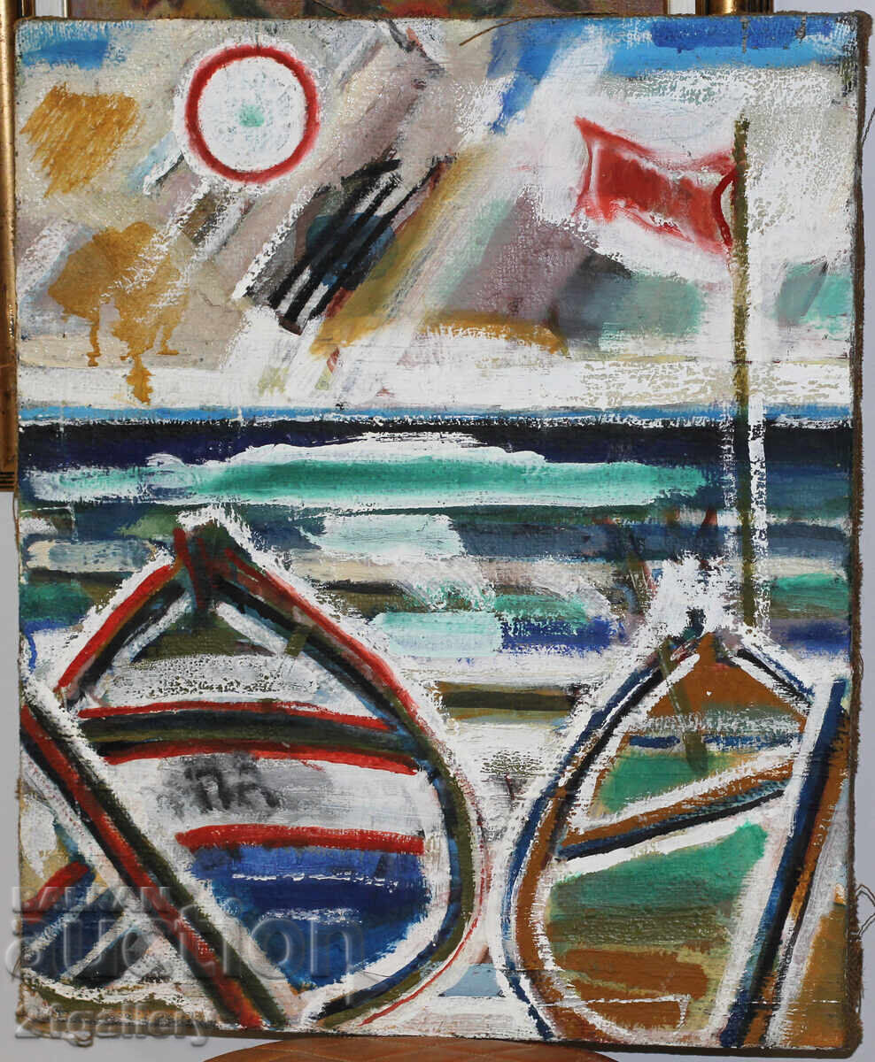 Аукцион Панайот Апостолов маслени бои, пейзаж с лодки Аукцион Панайот Апостолов маслени бои, пейзаж с лодки