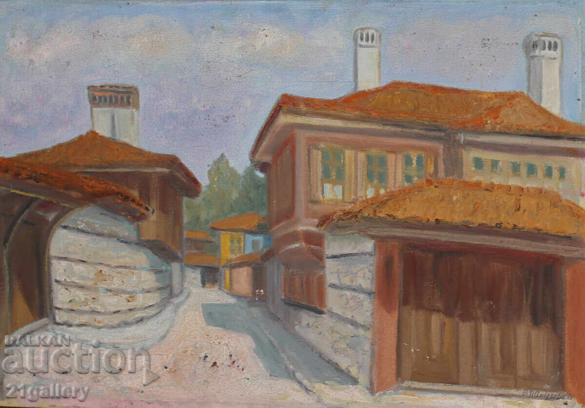 Landscape revival houses, oil paints, signed with price 300.00 BGN | € 153.39 Landscape revival houses, oil paints, signed with price 300.00 BGN | € 153.39