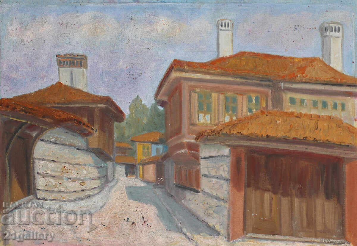 Landscape revival houses, oil paints, signed Landscape revival houses, oil paints, signed