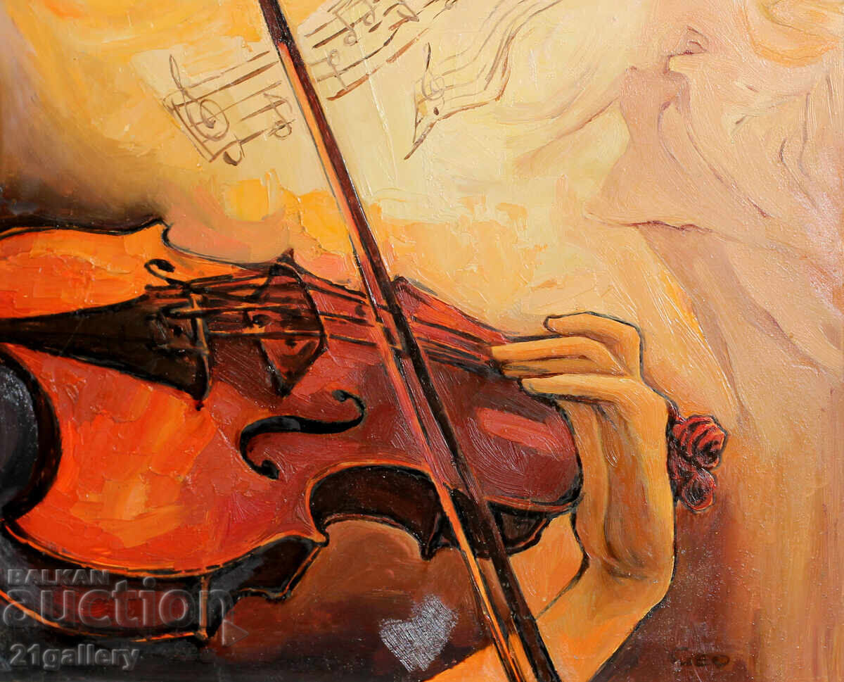Contemporary oil painting, violinist signed