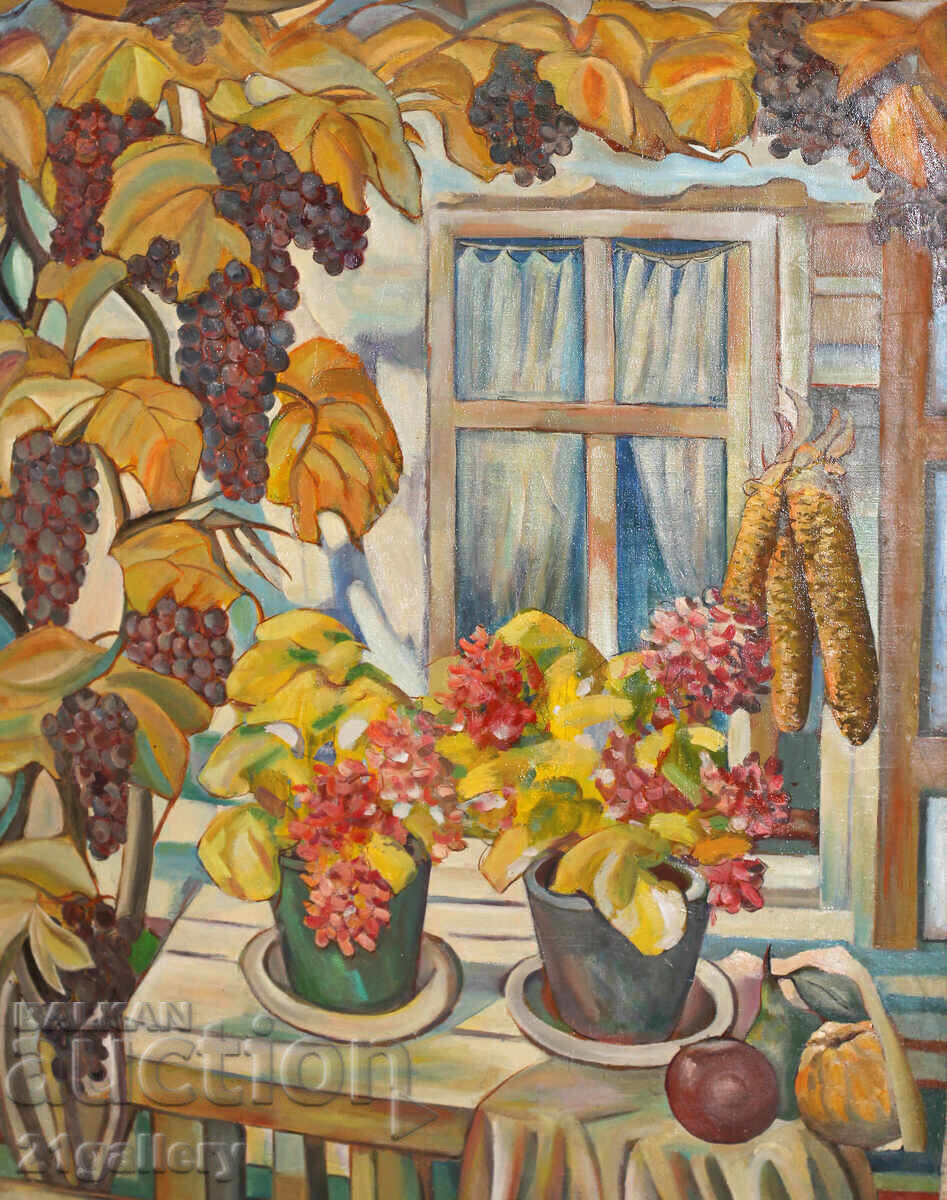 Oil painting, still life with flowers and fruits