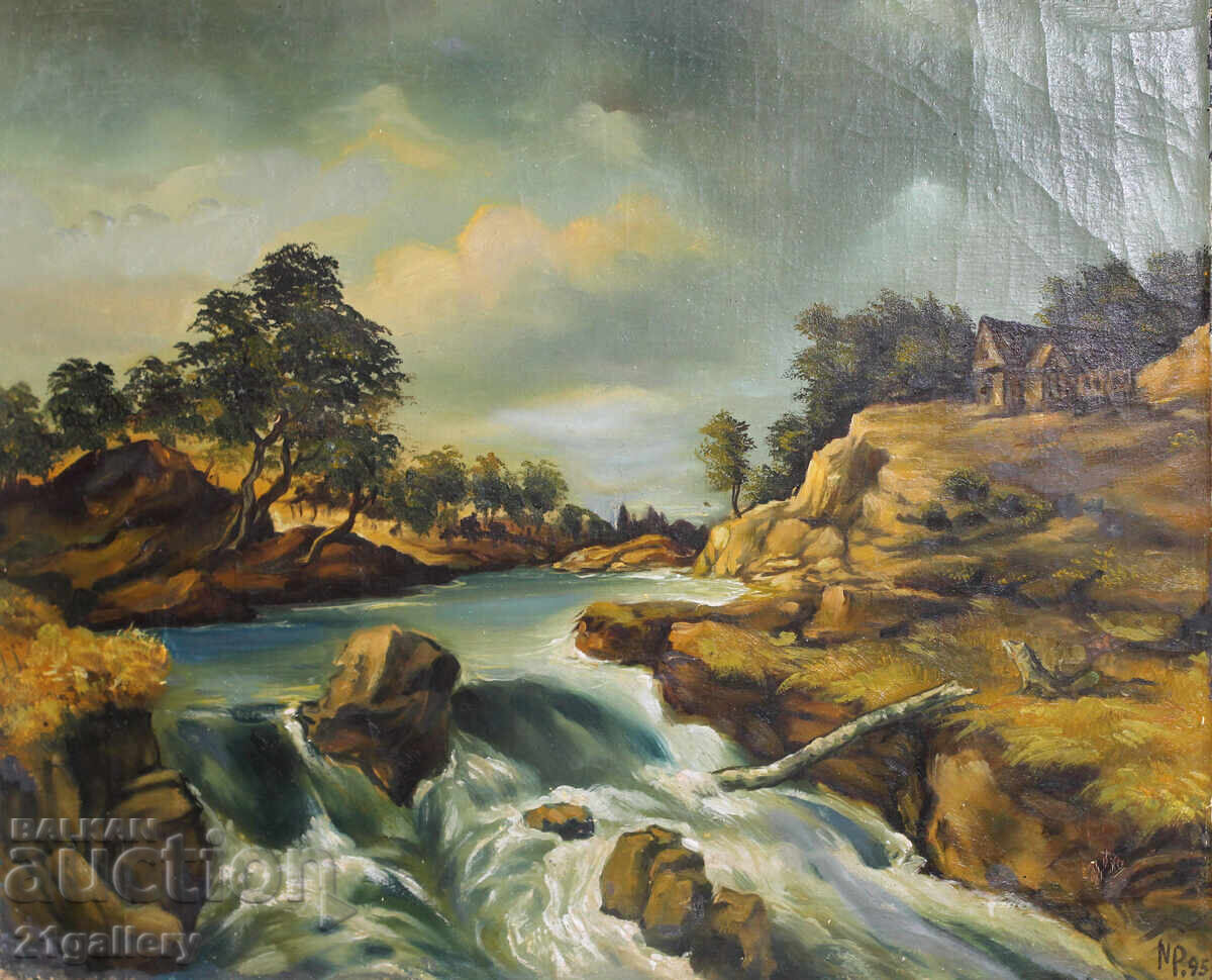 Licitație Peisaj pădure râu, vopsele în ulei, semnat Licitație Peisaj pădure râu, vopsele în ulei, semnat