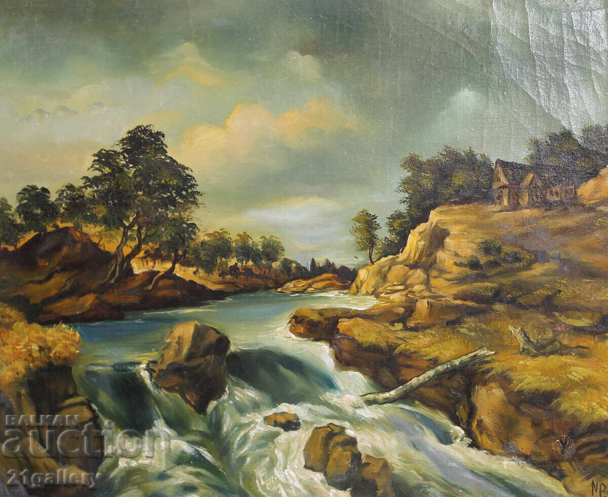 Peisaj pădure râu, vopsele în ulei, semnat Peisaj pădure râu, vopsele în ulei, semnat