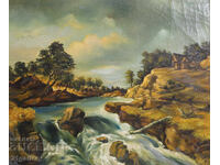 Landscape forest river, oil paints, signed