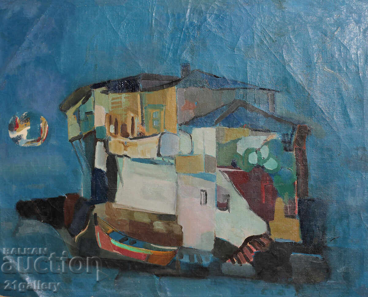 Landscape with boats and a house, oil paintings Landscape with boats and a house, oil paintings