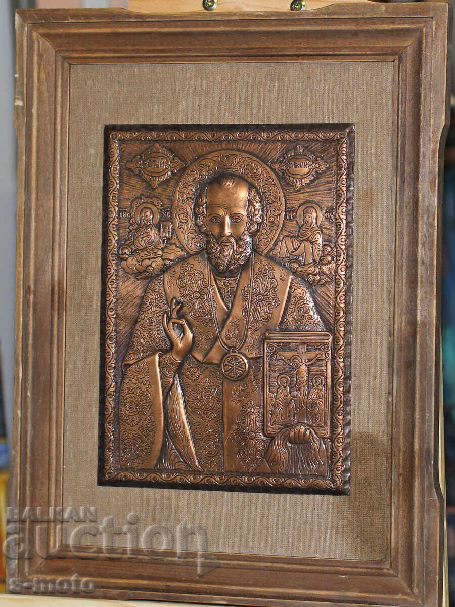 Auction Religious plaque, icon panel, forged copper Auction Religious plaque, icon panel, forged copper