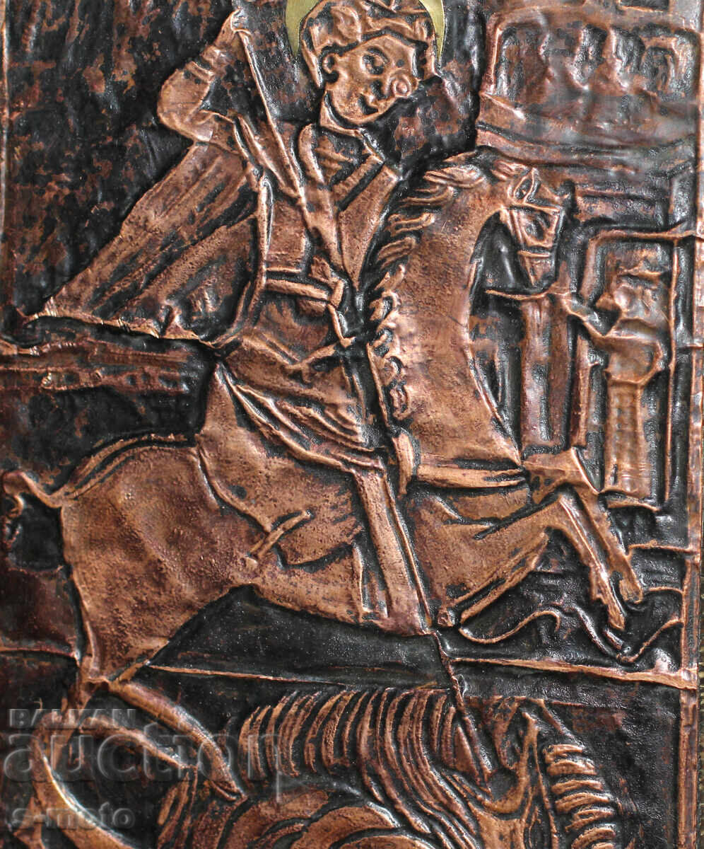 Religious plaque, panel icon, forged copper, Saint George - 5
