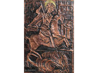 Religious plaque, panel icon, forged copper, Saint George